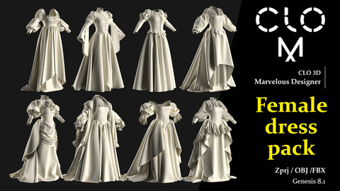 Female dress pack / Marvelous Designer/Clo3D project file + OBJ, FBX