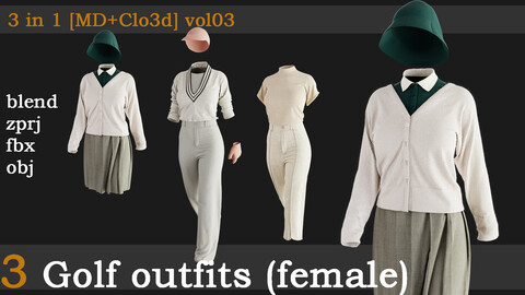 3 Golf outfits(female)[fbx+obj+zprj+blend][md+clo]vol03