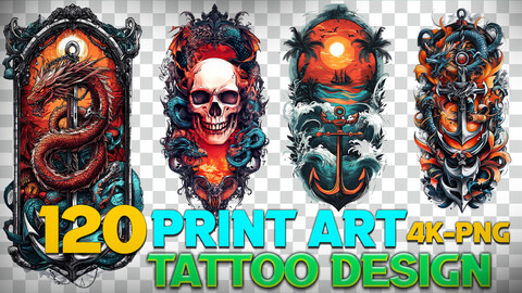 120 Tattoo Design Files and Print Art( PNG Files )-4K- High Quality