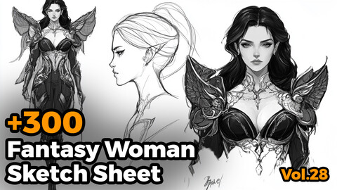 +300 Fantasy Woman Sketch Sheet Reference Images(4k)