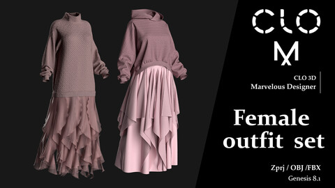 Female outfit set / Marvelous Designer/Clo3D project file + OBJ, FBX