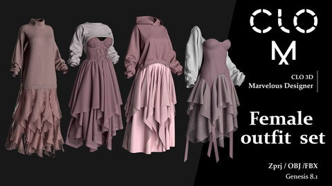 Female outfit set / Marvelous Designer/Clo3D project file + OBJ, FBX