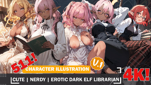 511 Cute Nerdy Erotic Dark Elf Librarian Diverse Outfit Character Design Reference Art V1 4K