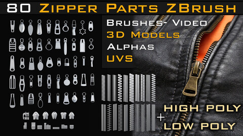 80 zipper parts_Zbrush Brushes (IMM_STD)_ 3D Models (obj_fbx_max)_Alpha (psd_png) _UVS_Video tutorial