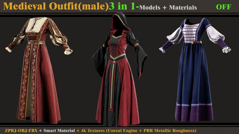 3 in 1 Medieval Outfit-FEMALE-MD/Clo3d (OBJ + FBX +ZPRJ) + Smart Material + Textures