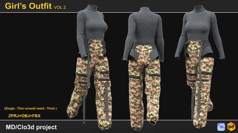 Girl's Outfit (VOL.02). Marvelous Designer/Clo3D project file + OBJ,FBX