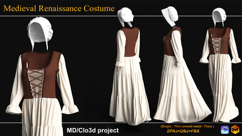 Medieval Renaissance Costume. Marvelous Designer/Clo3D project file + OBJ,FBX