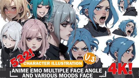 532 Anime Emo Girls Multiple Face Angle and Mood face Reference Art Diverse Character and Outfit Guide Intricate Design Art V3 4K