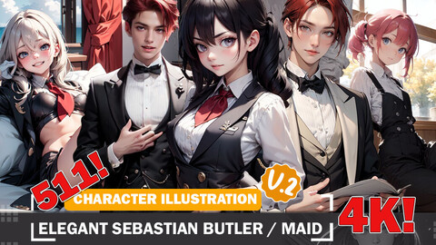 511 Elegant Sebastian Butler and Maid Diverse Outfit Character Design Reference Art V2 4K