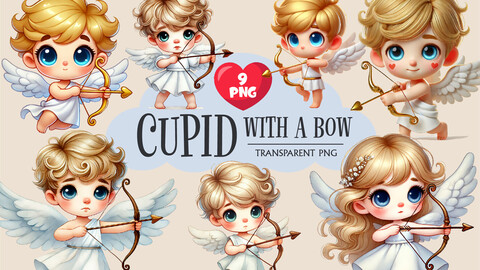 Cartoon Cupid with a bow and arrow. Clipart, PNG.