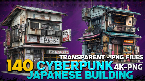 140 Japanese Cyberpunk Buildings  - Transparent ( PNG Files )-4K- High Quality