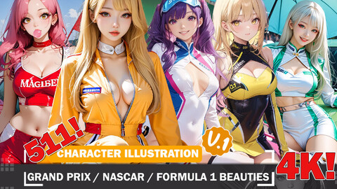 511 Grand Prix, NASCAR, and Formula 1 Race Queen Beauties Diverse Outfit Character Design Reference Art V1 4K