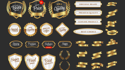 Luxury Sale Gold Badge Label Golden Seal Stamp, Vintage Gold Award, Golden Ribbons, EPS file + PNG files