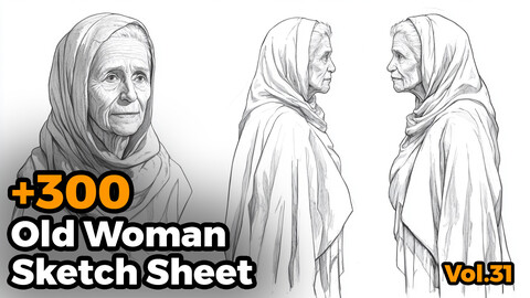 +300 Old Woman Sketch Sheet Reference Images(4k)