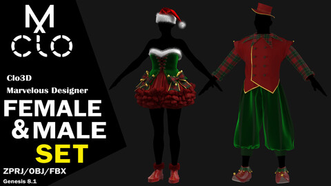 Female & Male Set / Elf outfit / Christmas / Clo3d / Marvelous designer / Project file / Obj / Fbx / Zprj