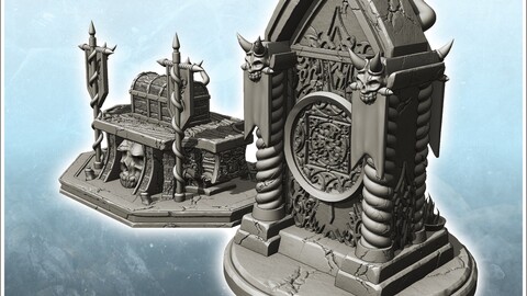 Set of two gothic altars with chest decorated with skulls (1) | STL for 3D Printing