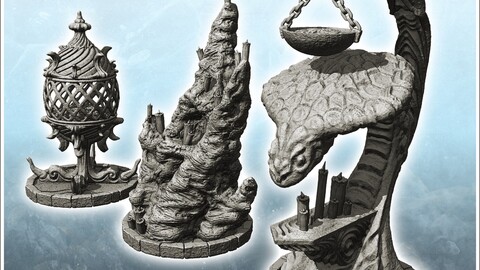 Set of three evil totems with snake-shaped torches and candles (8) | STL for 3D Printing