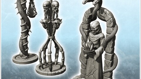 Set of three evil totems with skeleton and bones (9) | STL for 3D Printing