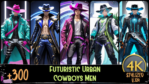 +320 Futuristic Urban Cowboys Men | 4K Resolution | Manga Stylized Vol.124