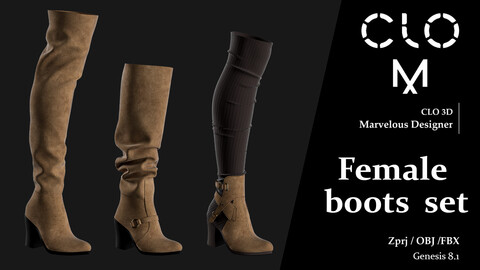 Female boots set / Marvelous Designer/Clo3D project file + OBJ, FBX