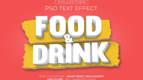 3D Food & Drink. PSD fully editable text effect. Layer style PSD mockup template