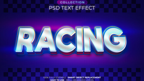 3D Racing. PSD fully editable text effect. Layer style PSD mockup template