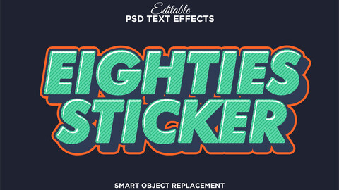 3D Eighties Sticker. PSD fully editable text effect. Layer style PSD mockup template