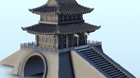 Asian building with one floor on grand staircase 8 | STL for 3D Printing Printer | Hard Surface