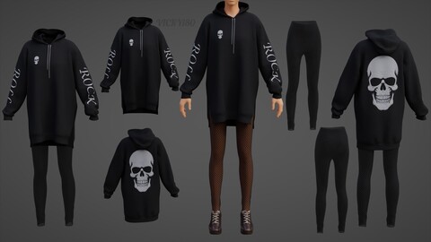 Goth Style Oversized hoodie and fishnet leggings Grunge Aesthetic Skull Sweatshirt Clothing 3D Model