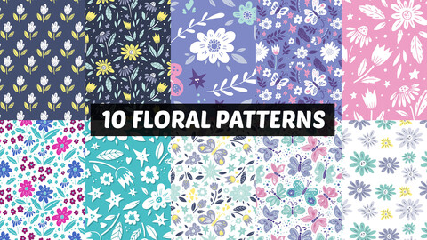 10 Vibrant Floral Seamless Patterns, Elegant Decorative Pastel Illustration, EPS File