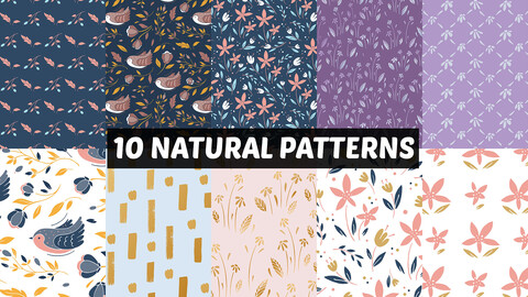 10 Stylish Natural Seamless Patterns, Floral Bird Elements, Nature Inspired Organic, EPS File