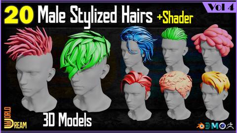 20 Male Stylized Hair 3D Models | Vol 4