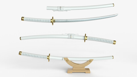 white Katana a Saya, a Sageo, and Stand