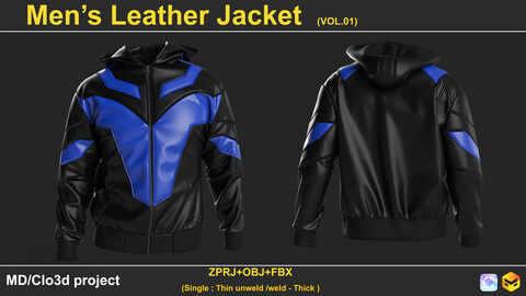 Men’s Leather Jacket  (VOL.01) . Marvelous Designer/Clo3D project file + OBJ,FBX