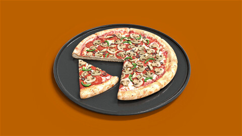 Sliced Pizza With Plate Low-poly Game ready 3D model Food