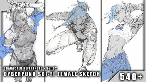 540+ Cyberpunk Sci-fi Female Sketch - Character References Vol.02