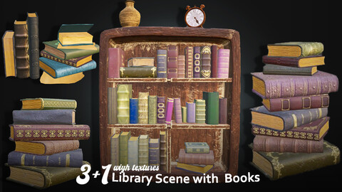 3+1 Library Scene with Detailed Books