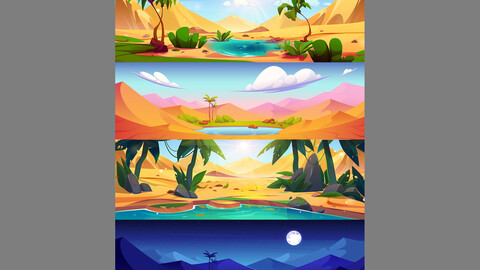 Desert Landscapes Illustrating Oasis, Nature Scenes, Daylight, Wilderness Adventure, EPS File