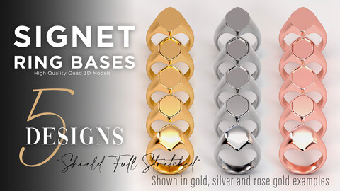 5 High Quality OBJ Signet Ring Bases - "Shield Full Stretched" design