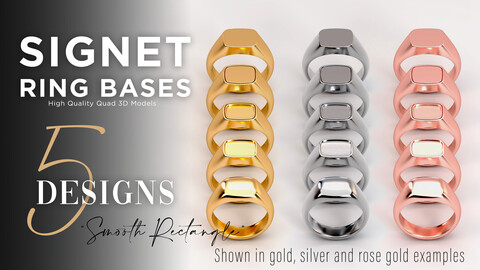 5 High Quality OBJ Signet Ring Bases - "Smooth Rectangle" design