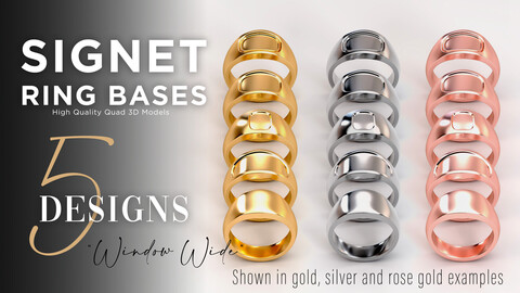 5 High Quality OBJ Signet Ring Bases - "Window Slim" Design