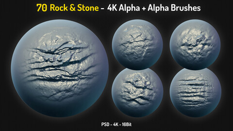 70 Rock & Stone Alpha Brushes + 70 4K PSD Alphas - Vol.4