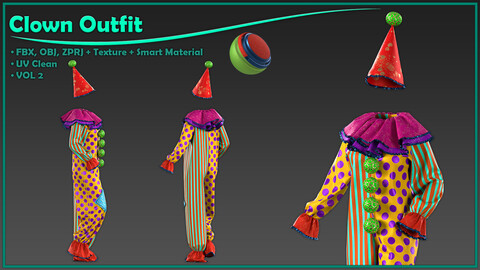 female clown outfit with texture and smart material/ zprj+obj+fbx+4K PBR+SPSM/ clo3d, marvelous designer/ vol2