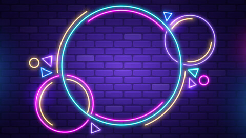 Neon Circles Dark Brick Wall Backdrop, Nightlife Ambiance, Geometric Lighting Shapes Neon Art, EPS File