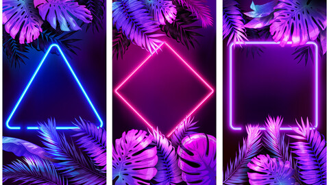 Neon Geometric Shapes, Tropical Leaves, Diamond Glow Frame, Futuristic Poster, EPS File