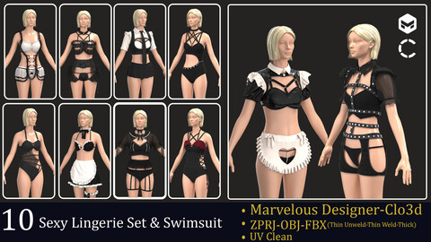 10 Sexy Lingerie set & Swimsuit .Marvelous Designer / clo3d (ZPRJ- FBX- OBJ- UV)