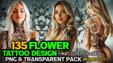 135 Flower Style Tattoo Design and Print Art( PNG Files )-4K- High Quality