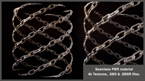 Seamless Chain PBR material textures (procedural, link, steel, metal, alpha, low, poly)