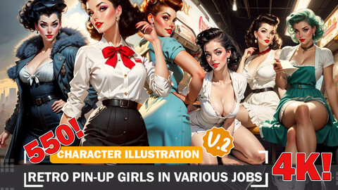 550 Retro Pin-Up Girls in Various Jobs Diverse Character and Outfit Reference Intricate Design Ideas V2 4K