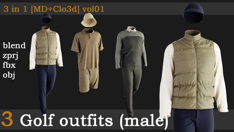 3 Golf outfits(male)[fbx+obj+zprj+blend][md+clo]vol01